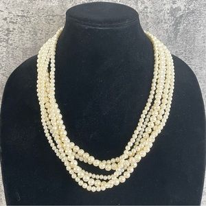Vtg Japanese Five Strand Multi Size Faux Pearl Statement Necklace